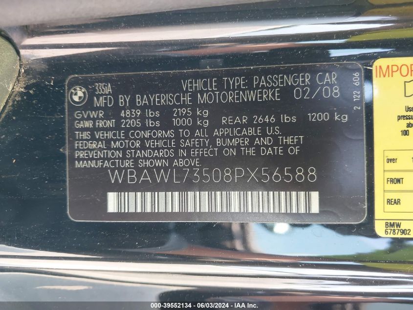 2008 BMW 335I VIN: WBAWL73508PX56588 Lot: 39552134