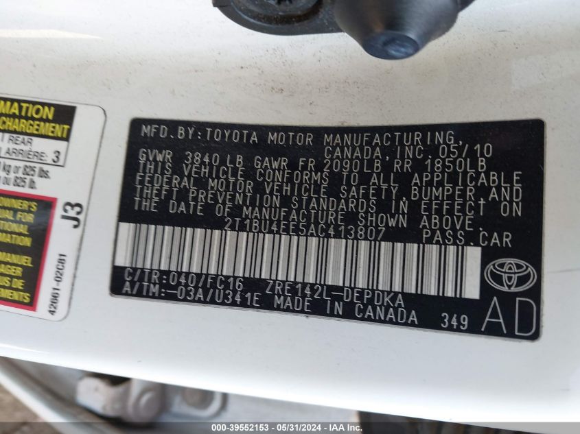 2010 Toyota Corolla S/Le/Xle VIN: 2T1BU4EE5AC413807 Lot: 39552153