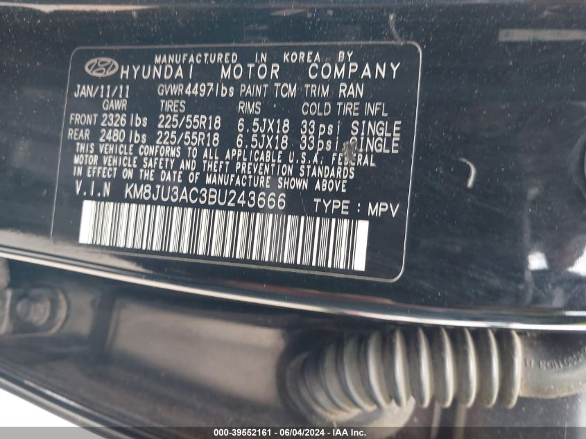 2011 Hyundai Tucson Limited VIN: KM8JU3AC3BU243666 Lot: 39552161
