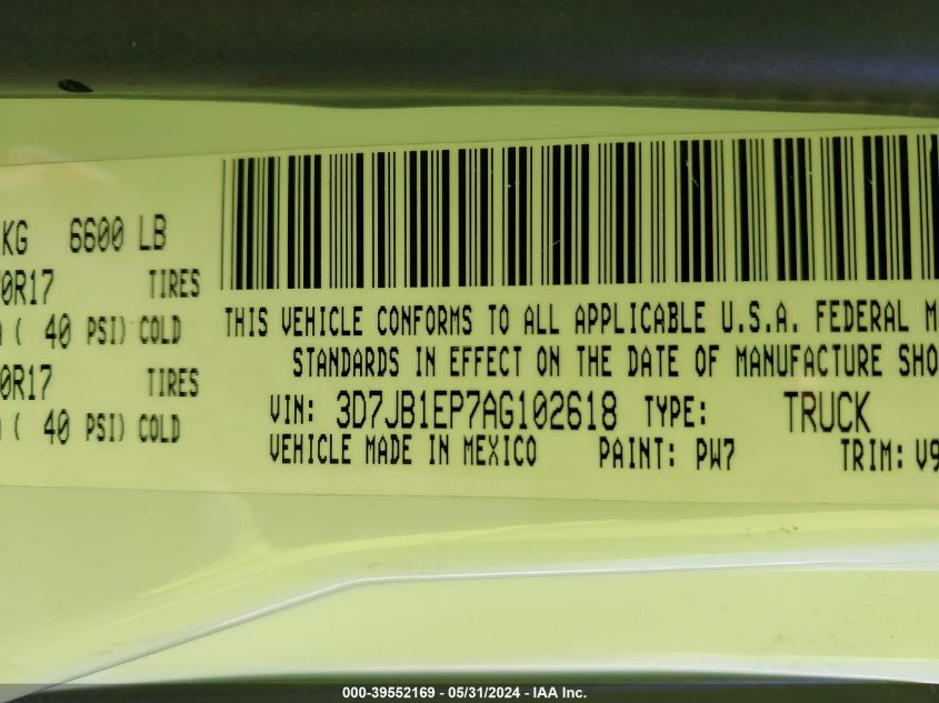 2010 Dodge Ram 1500 Slt/Trx VIN: 3D7JB1EP7AG102618 Lot: 39552169
