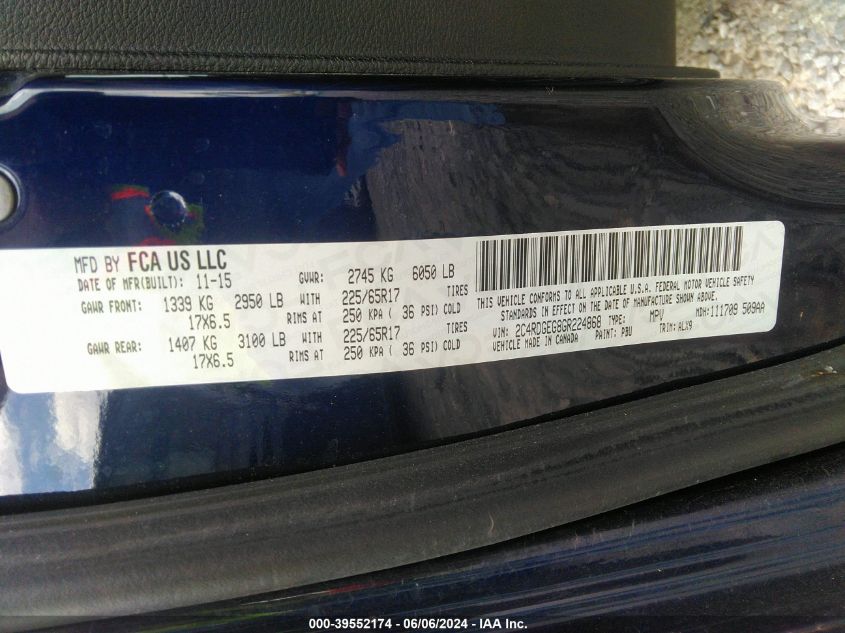 2016 Dodge Grand Caravan R/T VIN: 2C4RDGEG8GR224868 Lot: 39552174
