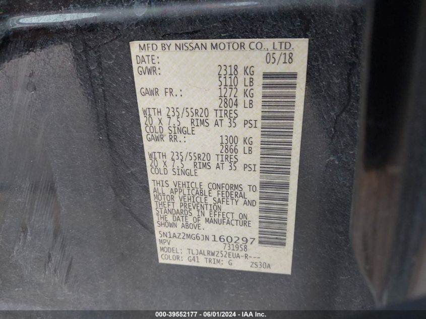 2018 Nissan Murano Sl VIN: 5N1AZ2MG6JN160297 Lot: 39552177