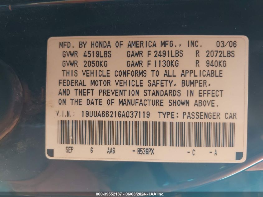 2006 Acura 3.2Tl VIN: 19UUA66216A037119 Lot: 39552187