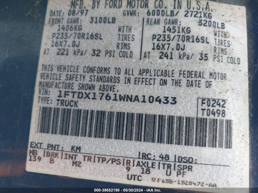 1998 Ford F-150 Lariat/Standard/Xl/Xlt VIN: 1FTDX1761WNA10433 Lot: 39552190