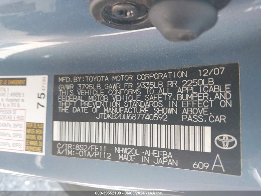 2008 Toyota Prius VIN: JTDKB20U687740592 Lot: 39552199