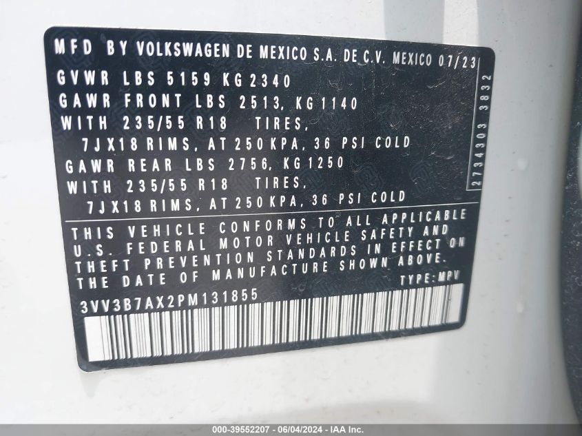 2023 Volkswagen Tiguan 2.0T Se VIN: 3VV3B7AX2PM131855 Lot: 39552207