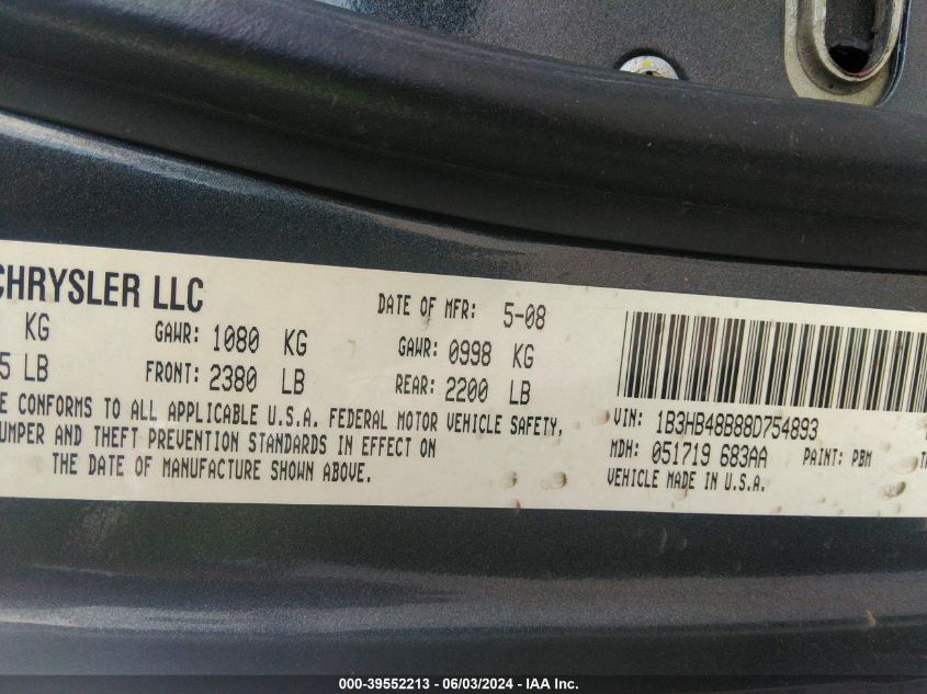 2008 Dodge Caliber Sxt VIN: 1B3HB48B88D754893 Lot: 39552213