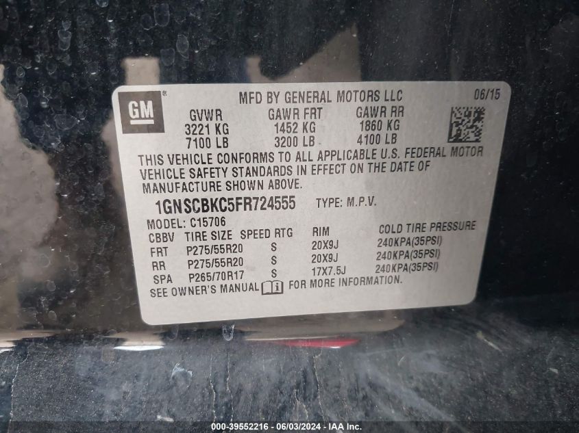 2015 Chevrolet Tahoe Lt VIN: 1GNSCBKC5FR724555 Lot: 39552216