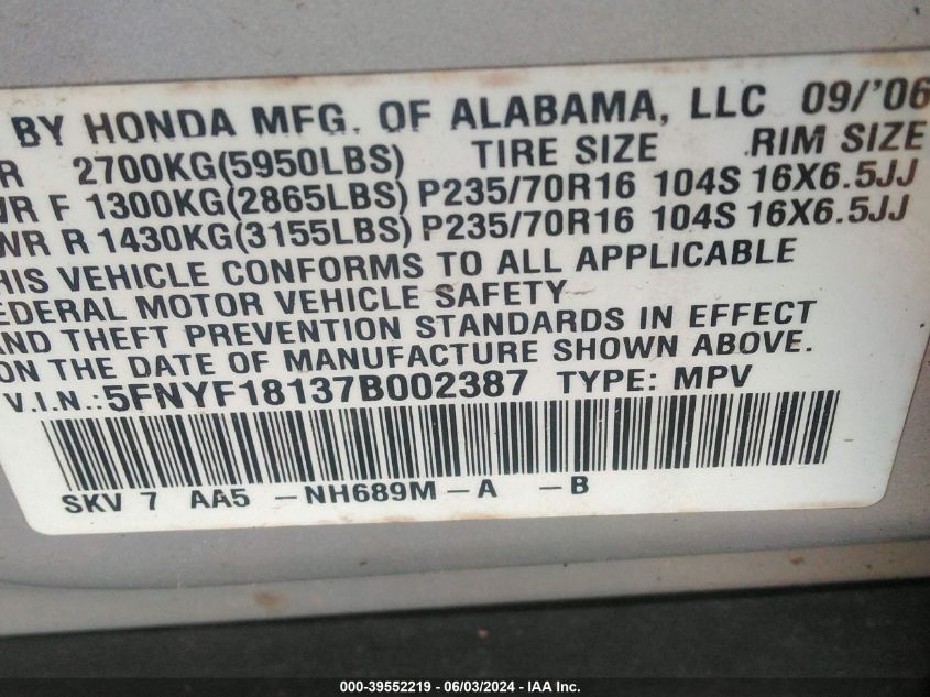 2007 Honda Pilot Lx VIN: 5FNYF18137B002387 Lot: 39552219