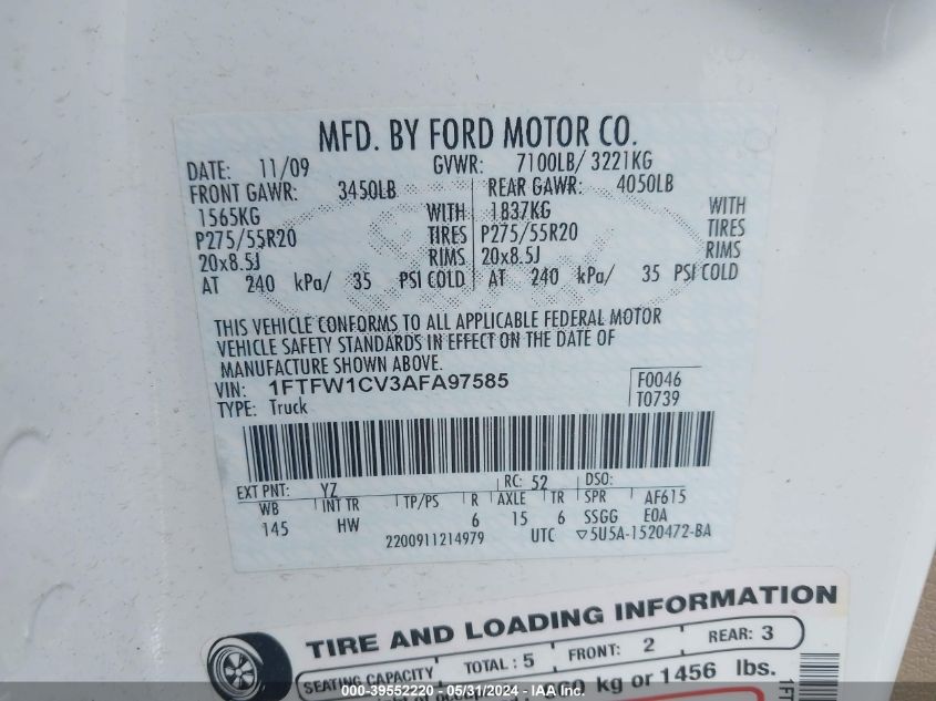 2010 Ford F-150 Fx2 Sport/Harley-Davidson/King Ranch/Lariat/Platinum/Xl/Xlt VIN: 1FTFW1CV3AFA97585 Lot: 39552220
