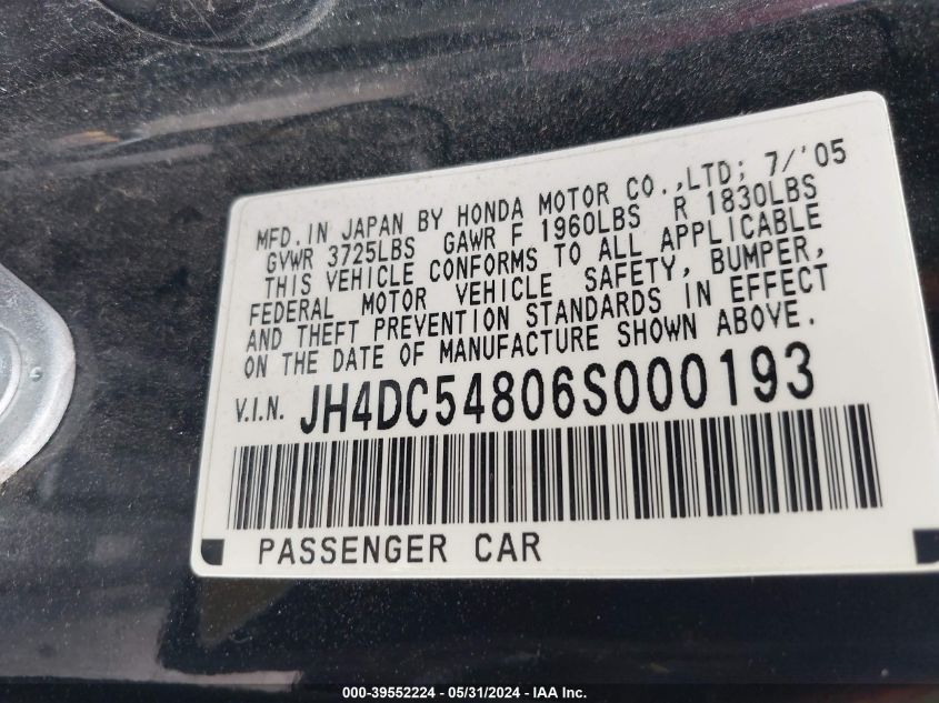 2006 Acura Rsx VIN: JH4DC54806S000193 Lot: 39552224