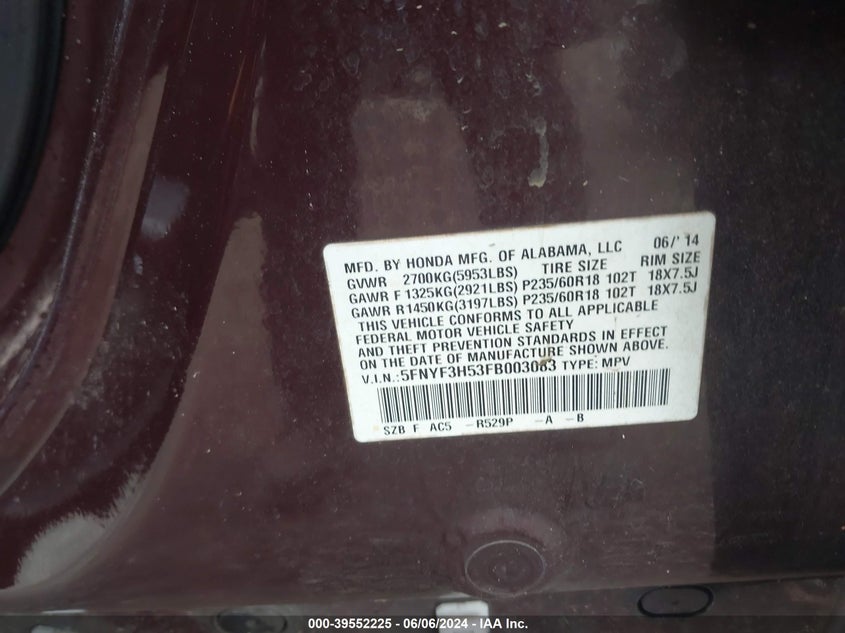 2015 Honda Pilot Ex-L VIN: 5FNYF3H53FB003083 Lot: 39552225