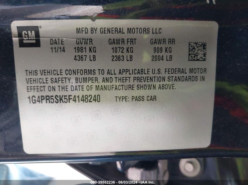 2015 Buick Verano Convenience Group VIN: 1G4PR5SK5F4148240 Lot: 39552236