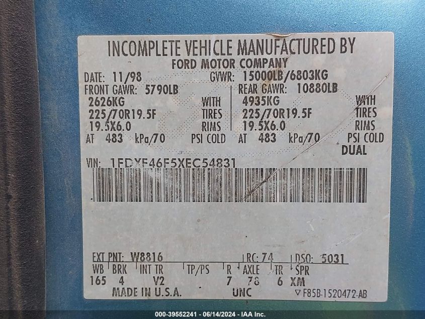 1999 Ford F-450 Lariat/Xl/Xlt VIN: 1FDXF46F5XEC54831 Lot: 39552241