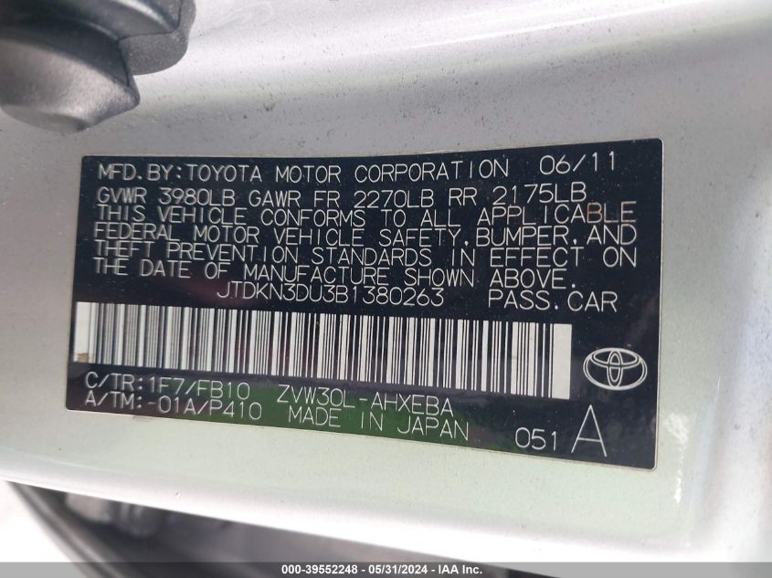 2011 Toyota Prius Two VIN: JTDKN3DU3B1380263 Lot: 39552248