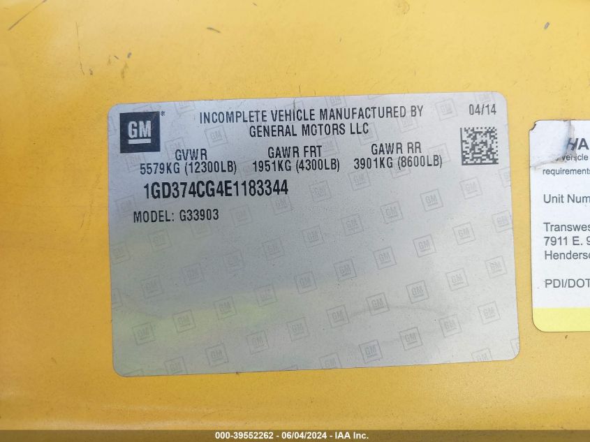 2014 GMC Savana Cutaway 3500 VIN: 1GD374CG4E1183344 Lot: 39552262