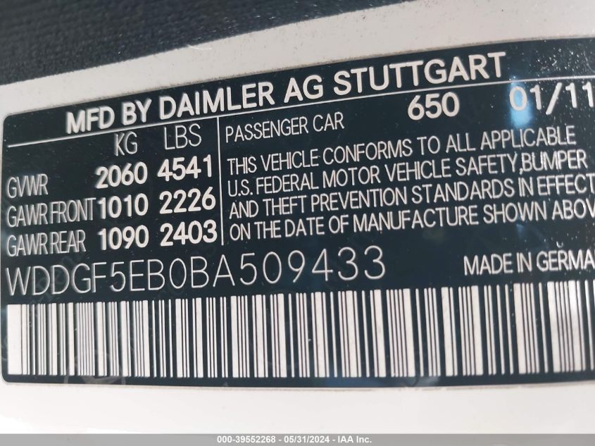 2011 Mercedes-Benz C 300 Luxury/Sport VIN: WDDGF5EB0BA509433 Lot: 39552268