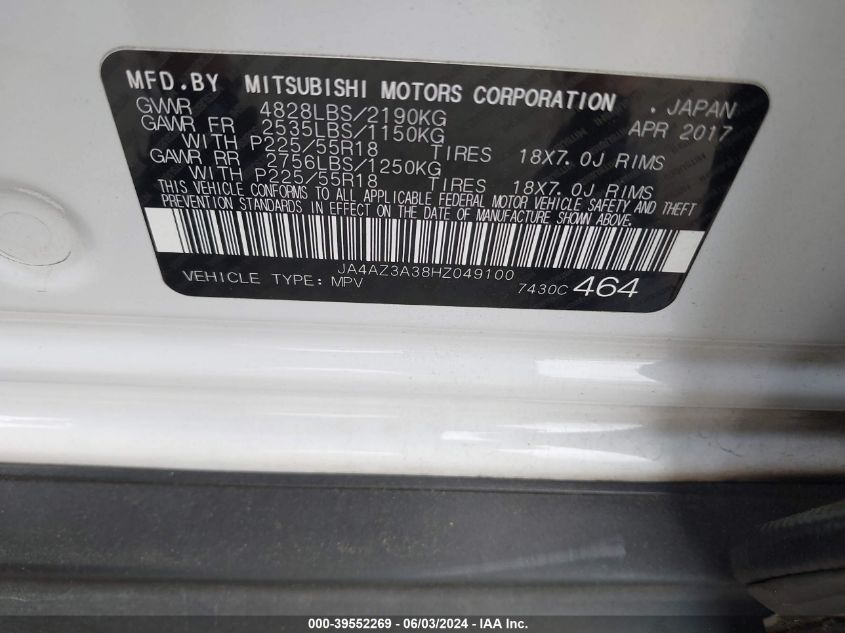 2017 Mitsubishi Outlander Se VIN: JA4AZ3A38HZ049100 Lot: 39552269