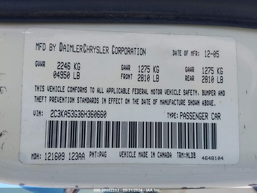 2006 Chrysler 300 Touring VIN: 2C3KA53G36H360660 Lot: 39552283