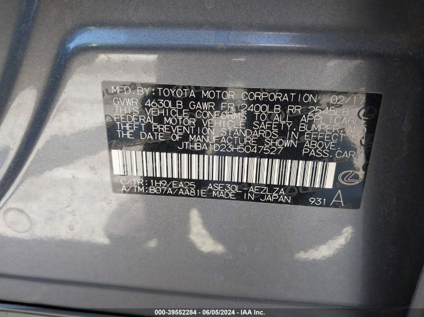 2017 Lexus Is 200T VIN: JTHBA1D23H5047527 Lot: 39552284