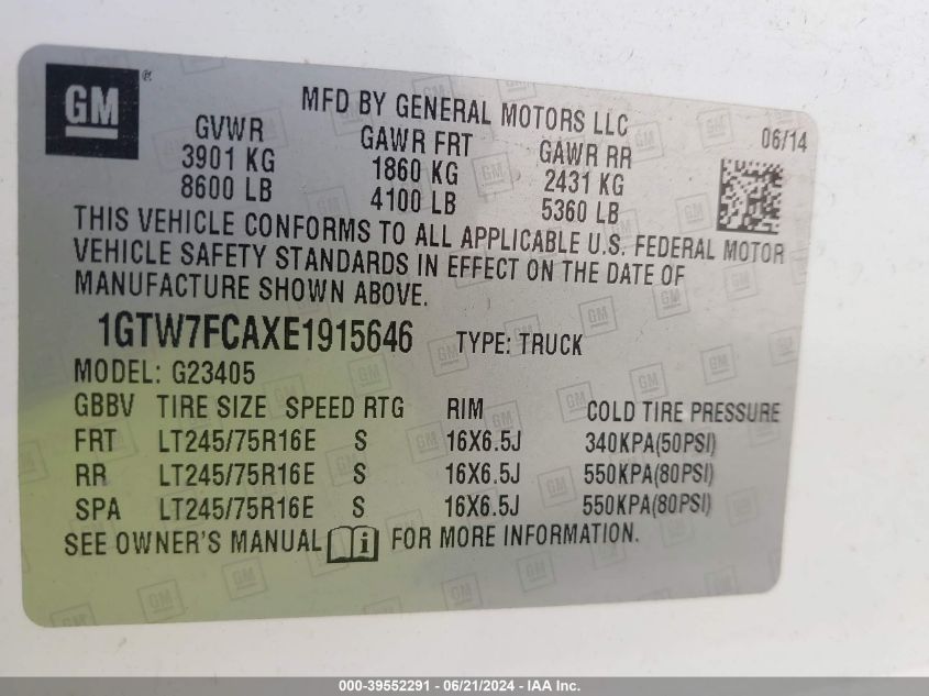 2014 GMC Savana 2500 Work Van VIN: 1GTW7FCAXE1915646 Lot: 39552291