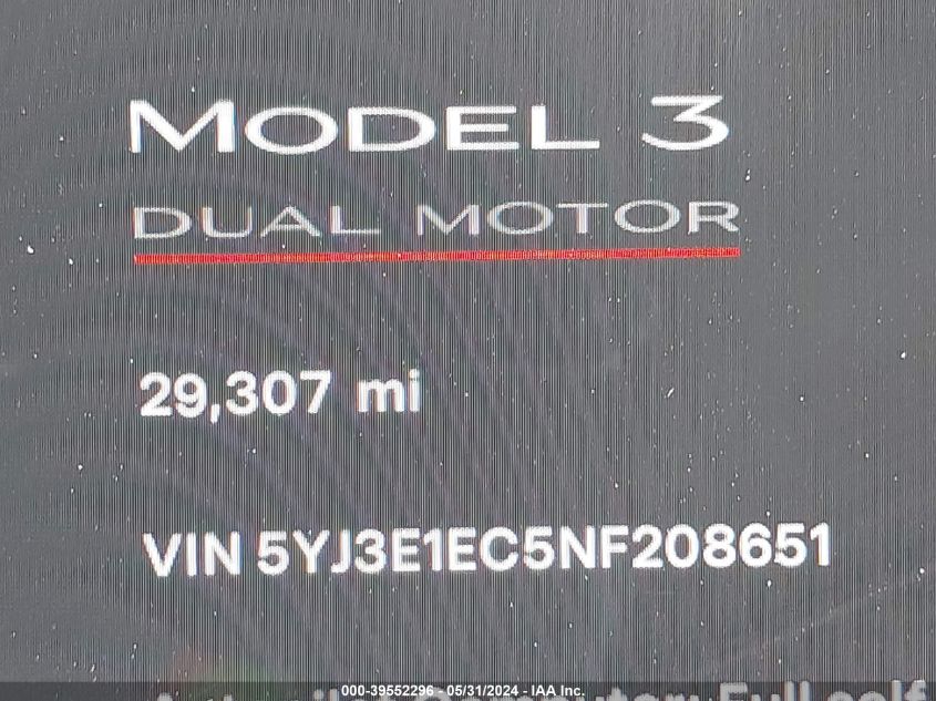 2022 Tesla Model 3 Performance Dual Motor All-Wheel Drive VIN: 5YJ3E1EC5NF208651 Lot: 39552296