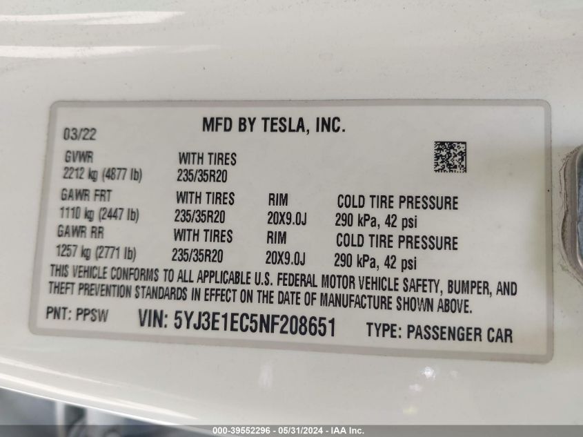 2022 Tesla Model 3 Performance Dual Motor All-Wheel Drive VIN: 5YJ3E1EC5NF208651 Lot: 39552296