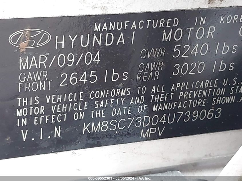 2004 Hyundai Santa Fe Gls VIN: KM8SC73D04U739063 Lot: 39552303