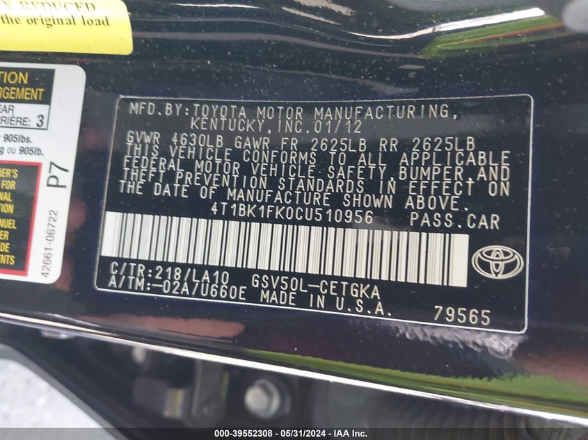 2012 Toyota Camry Xle V6 VIN: 4T1BK1FK0CU510956 Lot: 39552308