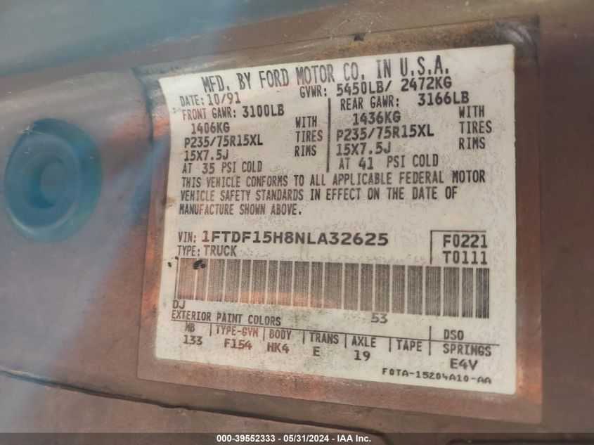 1992 Ford F150 VIN: 1FTDF15H8NLA32625 Lot: 39552333