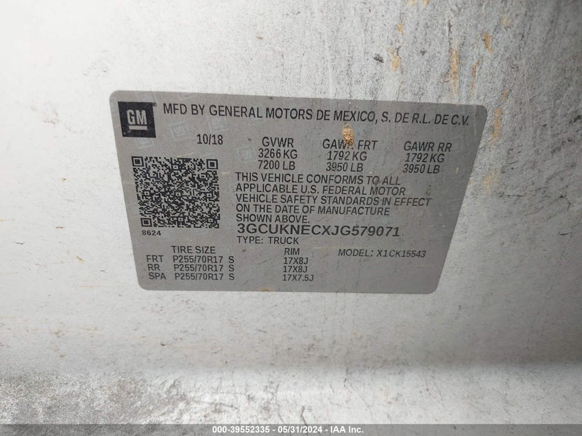 2018 Chevrolet Silverado 1500 Wt VIN: 3GCUKNECXJG579071 Lot: 39552335