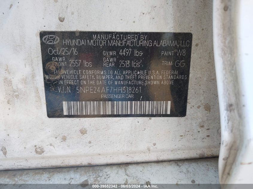 2017 Hyundai Sonata Se VIN: 5NPE24AF7HH518261 Lot: 39552342