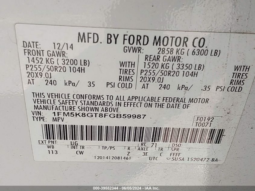 2015 FORD EXPLORER SPORT - 1FM5K8GT8FGB59987