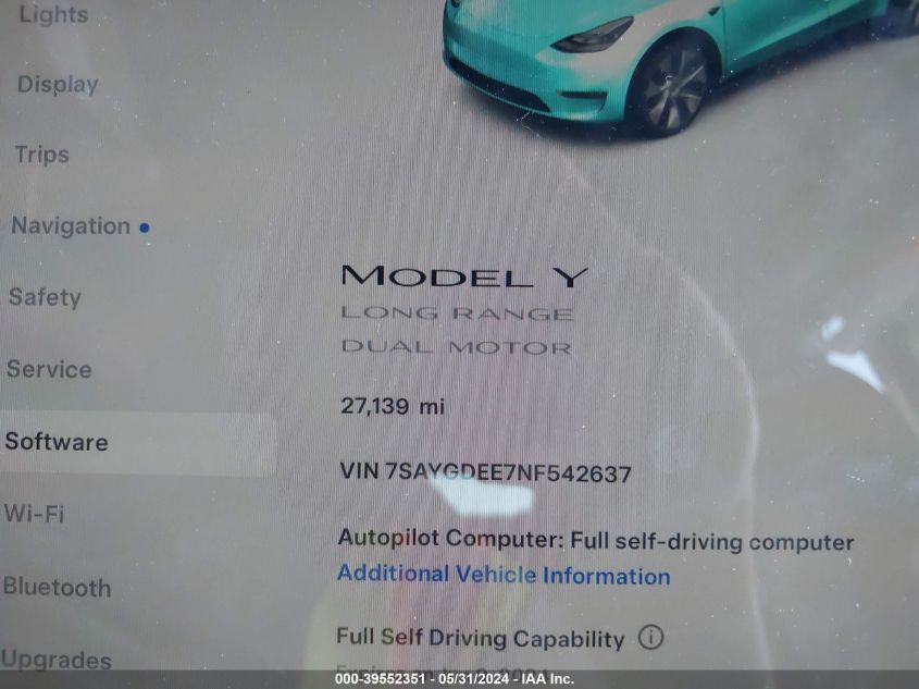 2022 Tesla Model Y Long Range Dual Motor All-Wheel Drive VIN: 7SAYGDEE7NF542637 Lot: 39552351