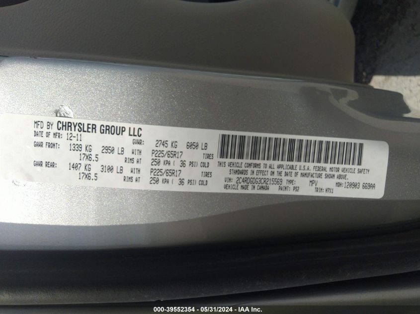 2012 Dodge Grand Caravan Crew VIN: 2C4RDGDG3CR215569 Lot: 39552354