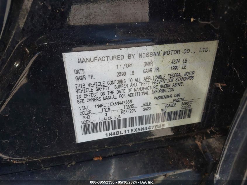 2005 Nissan Altima 3.5 Se VIN: 1N4BL11EX5N447886 Lot: 39552390