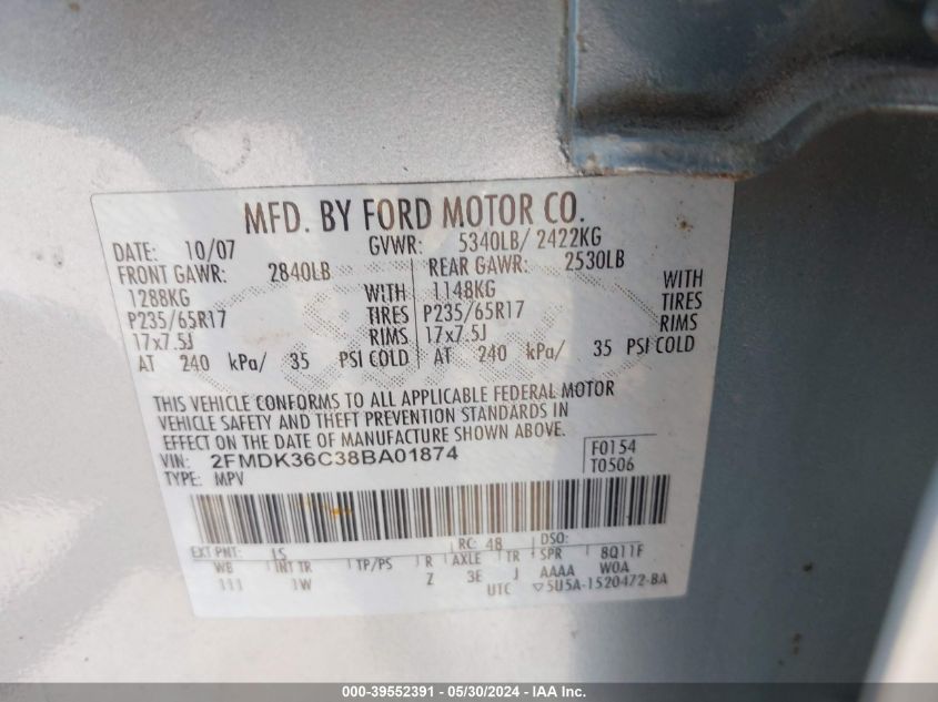 2008 Ford Edge Se VIN: 2FMDK36C38BA01874 Lot: 39552391