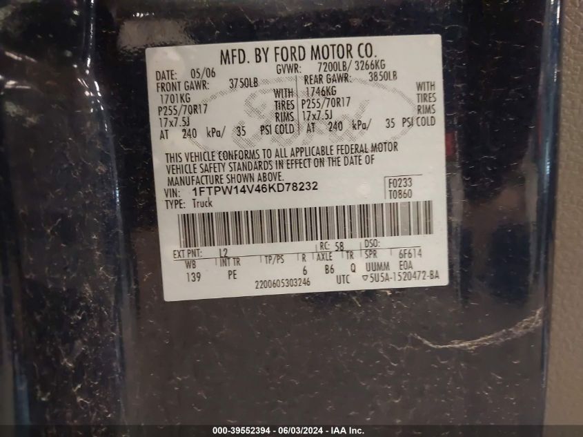 2006 Ford F-150 Fx4/Lariat/Xlt VIN: 1FTPW14V46KD78232 Lot: 39552394