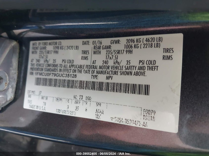 2016 Ford Escape S VIN: 1FMCU0F79GUC35128 Lot: 39552405