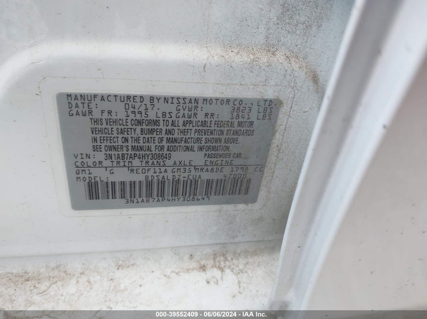 2017 Nissan Sentra Sv VIN: 3N1AB7AP4HY308649 Lot: 39552409