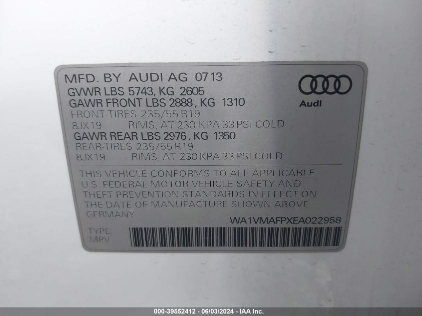 2014 Audi Q5 3.0 Tdi Premium Plus VIN: WA1VMAFPXEA022958 Lot: 39552412