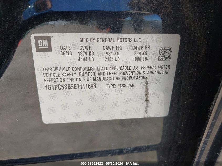 2014 Chevrolet Cruze 1Lt Auto VIN: 1G1PC5SB5E7111698 Lot: 39552422