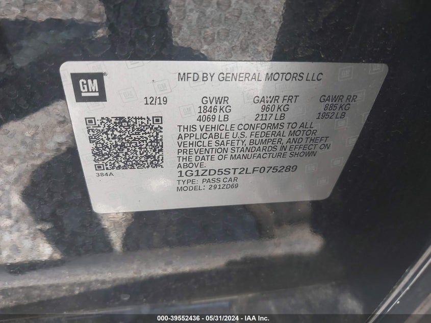 2020 Chevrolet Malibu Fwd Lt VIN: 1G1ZD5ST2LF075289 Lot: 39552436