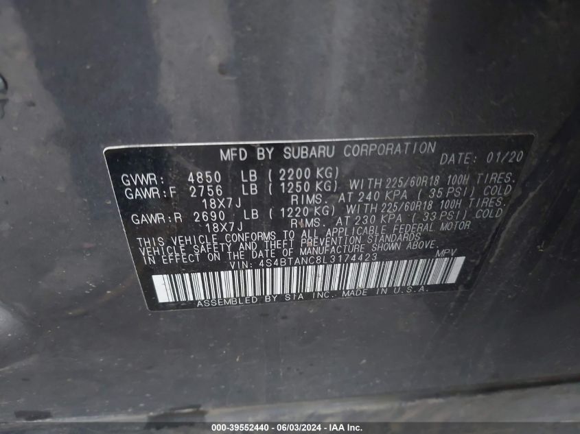 2020 Subaru Outback Limited VIN: 4S4BTANC8L3174423 Lot: 39552440