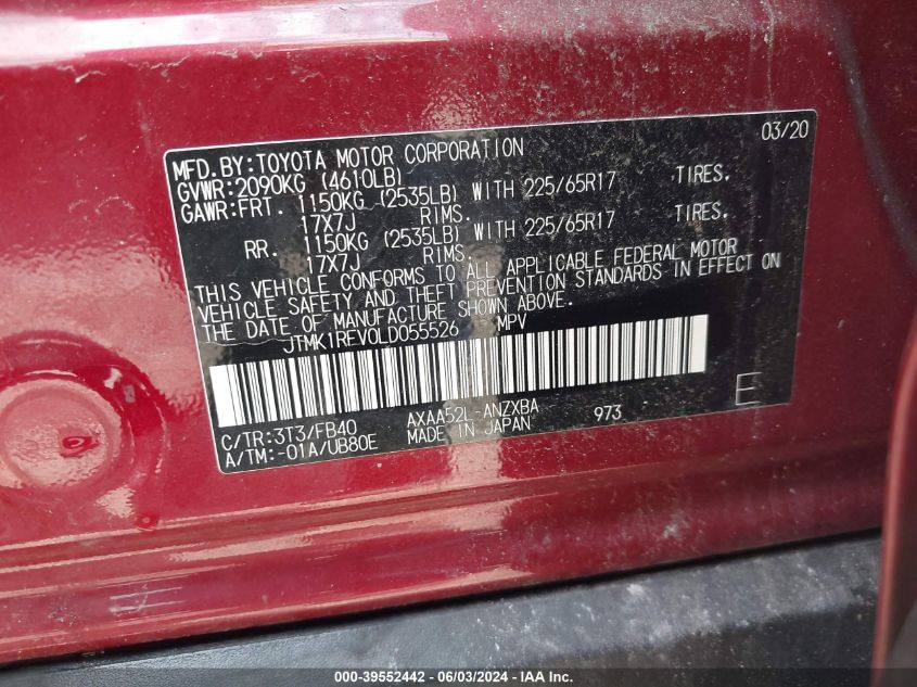 2020 Toyota Rav4 Le VIN: JTMK1RFV0LD055526 Lot: 39552442