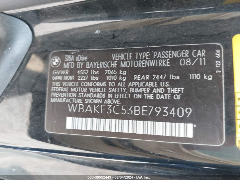 2011 BMW 328I xDrive VIN: WBAKF3C53BE793409 Lot: 39552449