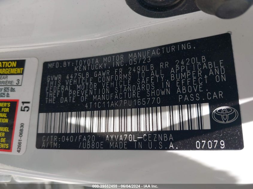 4T1C11AK7PU165770 2023 Toyota Camry Le