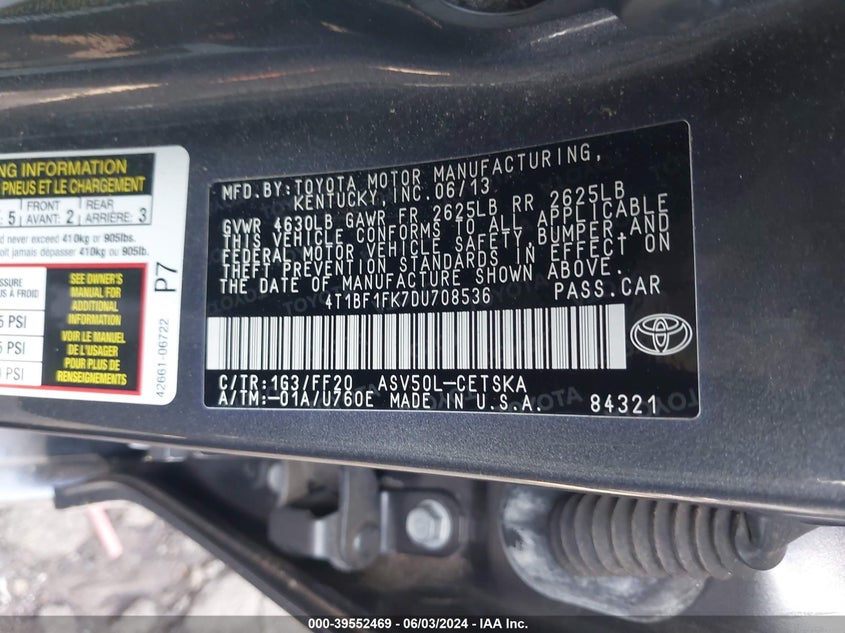 2013 Toyota Camry Se VIN: 4T1BF1FK7DU70853 Lot: 39552469