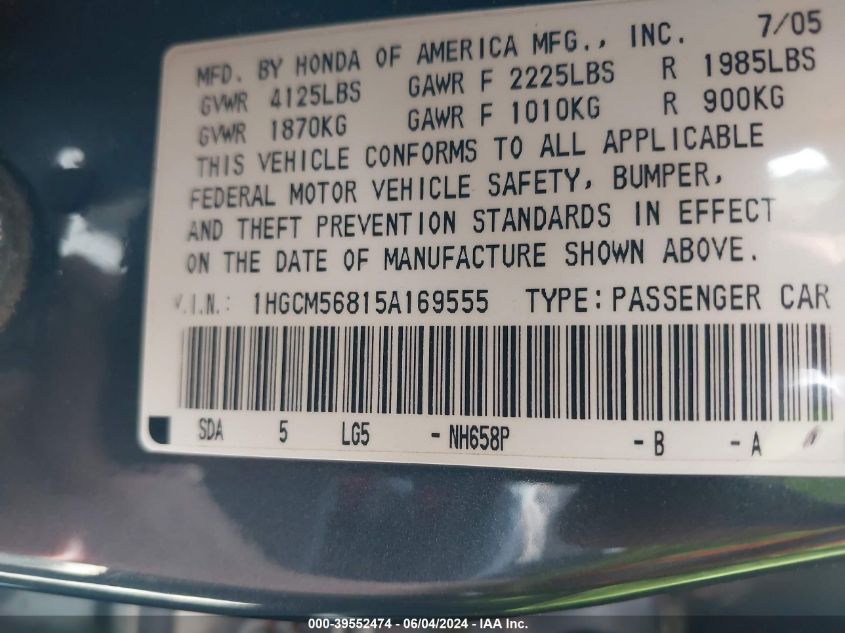 2005 Honda Accord 2.4 Ex VIN: 1HGCM56815A169555 Lot: 39552474