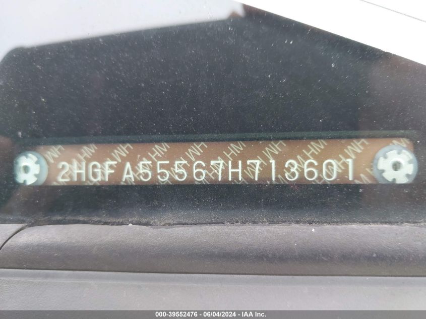 2007 Honda Civic Si VIN: 2HGFA55567H713601 Lot: 39552476
